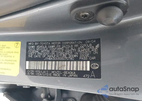 2005 Lexus Es 330 z USA, uszkodzony, nr VIN JTHBA30G855070780